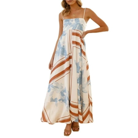 Women's Printed Square Neck Cami Maxi Dress with Side Slit and Stretch 95% Cotton 5% Spandex for Everyday Wear