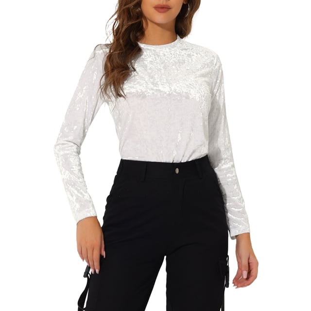 INSPIRE CHIC T-Shirts en Velours pour Femmes Col Rond Manches Longues Décontracté S Blanc