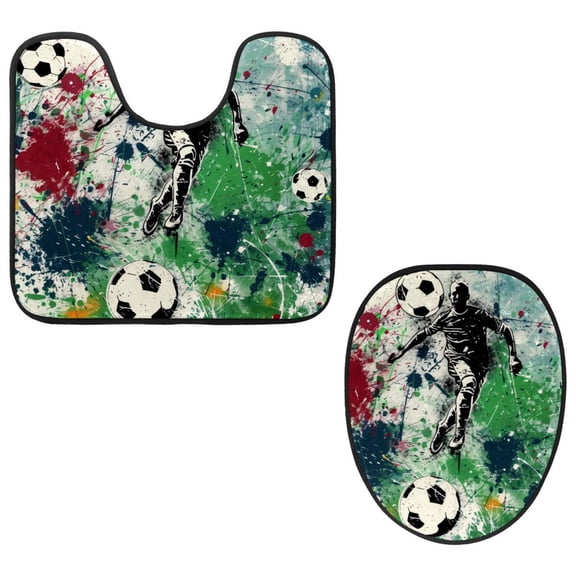 PhooArto Toilet Lid Cover and U-Shaped Toilet Floor Mat Set of 2 Pieces, Grunge Splashes Soccer Football Toilet Mat Set, Machine Washable Seat Covers Non-Slip Absorbent Rugs