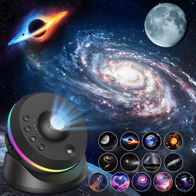 Starry sky projector, 4K high definition planetarium projector, 360° rotating galaxy projector, timer and dynamic meteor effect.