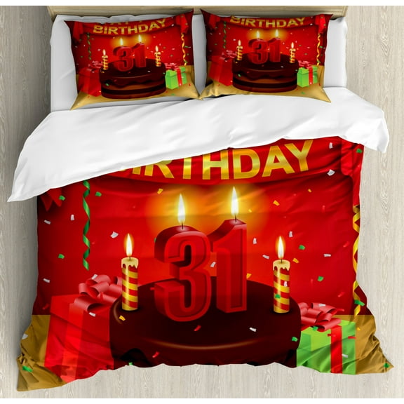 31st Birthday Duvet Cover Set King Size, Colorful Vibrant Party Set Up Presents Candles Flags Festive Confetti Rain, Decorative 3 Piece Bedding Set with 2 Pillow Shams, Multicolor, by Ambesonne