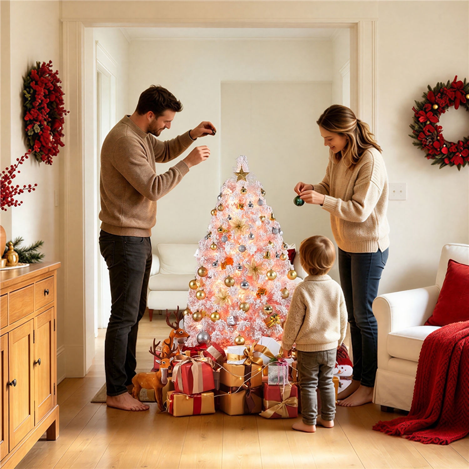 Alden Design 4.5FT Pre-lit Artificial Christmas Tree Flocked Christmas Tree with Foldable Stand and LED Warm Lights,Pink