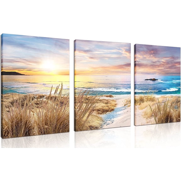 Beach Pictures Wall-Art - Beach Decor For Bathroom - Ocean Wall Art For Bedroom - Coastal Yellow Wall Decor Ready To Hang Size 16" x 12" x 3 Pieces Canvas art
