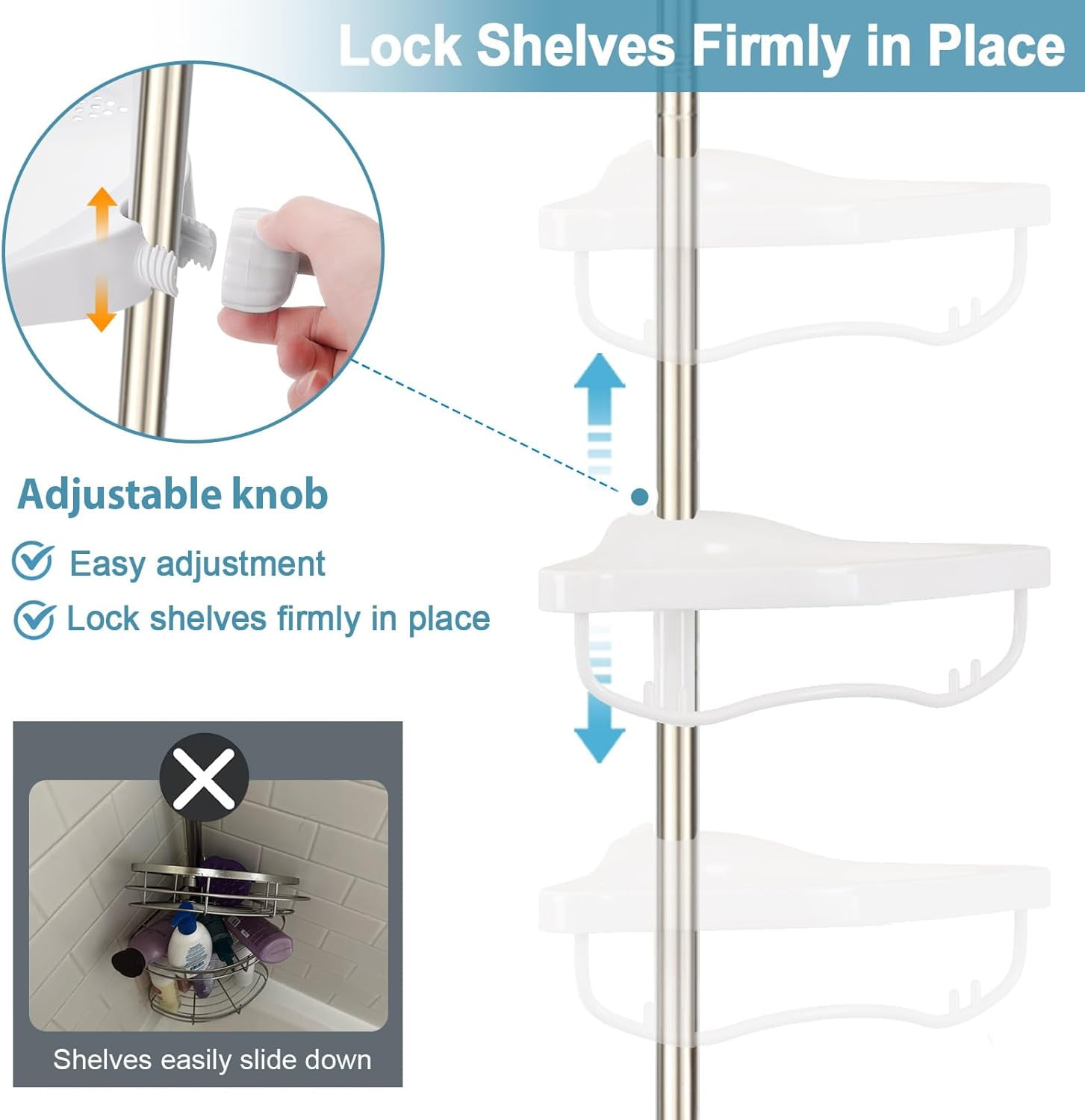 Shower Caddy Corner, No Drilling Rustproof Bathtub Shower Storage Organizer for Bathroom,4-Tier Adjustable Shelves with Tension Pole, White