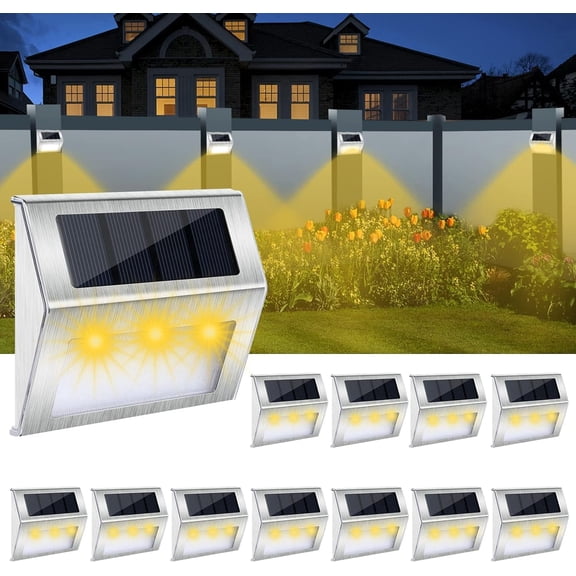 Fohil 12 Pack Solar Step Lights Stainless Steel Solar Stair Lights,Outdoor Waterproof Solar Wall Lights for Fence,Patio,Path,Yard,Garage,Walkways Warm White
