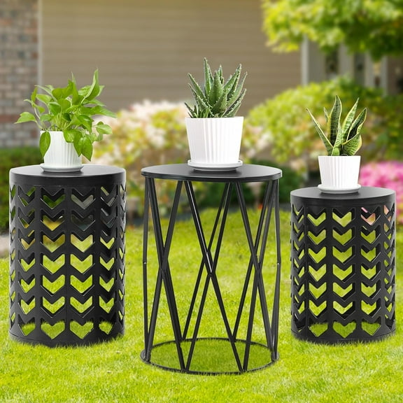 Y&M Set of 3 Stacking Coffee Tables for Living Room End Tables, Nesting Side Table, Outdoor Decorative Garden Stool with Heavy Duty Modern Industrial Decor - Black (Ship from US)