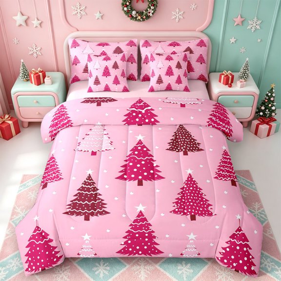 Erosebridal Christmas Warm Winter Deer 7-Piece Twin Bedding,Joyful Branch Bedding Comforter Set,Pink Reversible