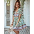 thumbnail image 2 of Women Casual- Summer Dress Boho V Neck Short Sleeve Babydoll Floral Print Flowy Beach Dress Green L, 2 of 8
