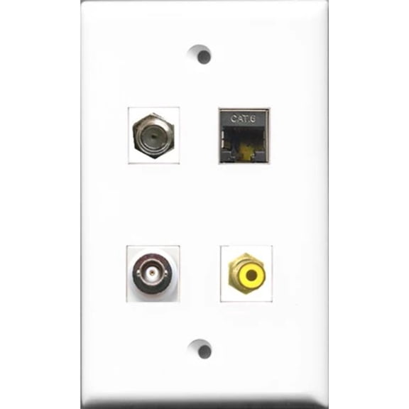 RiteAV 1 Port RCA Yellow and 1 Port Coax Cable TV- F-Type and 1 Port Shielded Cat6 Ethernet and 1 Port BNC Wall Plate