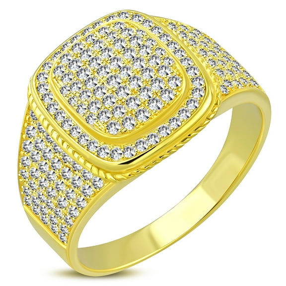 925 Sterling Silver Men's Gold-tone Micro Pave White CZ Stone Rounded Edge Square Layered Signet Style Ring