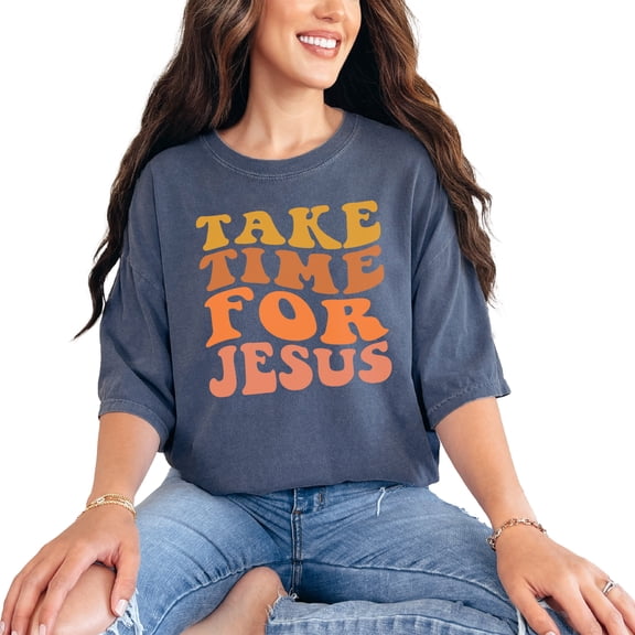 Take Time for Jesus, Spending Time with the Lord Quote, Groovy Retro Wavy Text, Denim Comfort Colors T-Shirt, Small