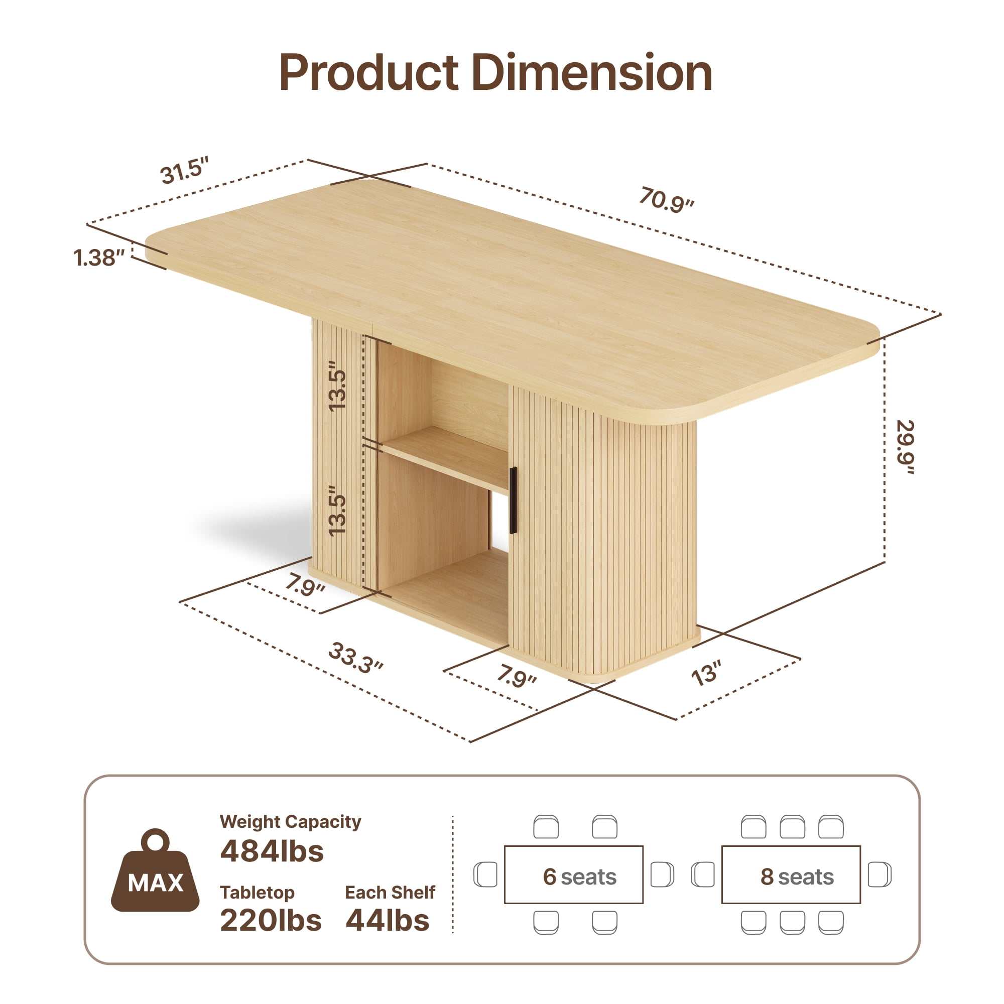 SUNCOZE 70in Dining Table for 4-8, Dining Leisure Table with Storage Shelves, 1.38" Thick Top, Scratch-Resistant, Natural Wood Finish, Multi-Use for Dining Room Kitchen Office, Wood Finish