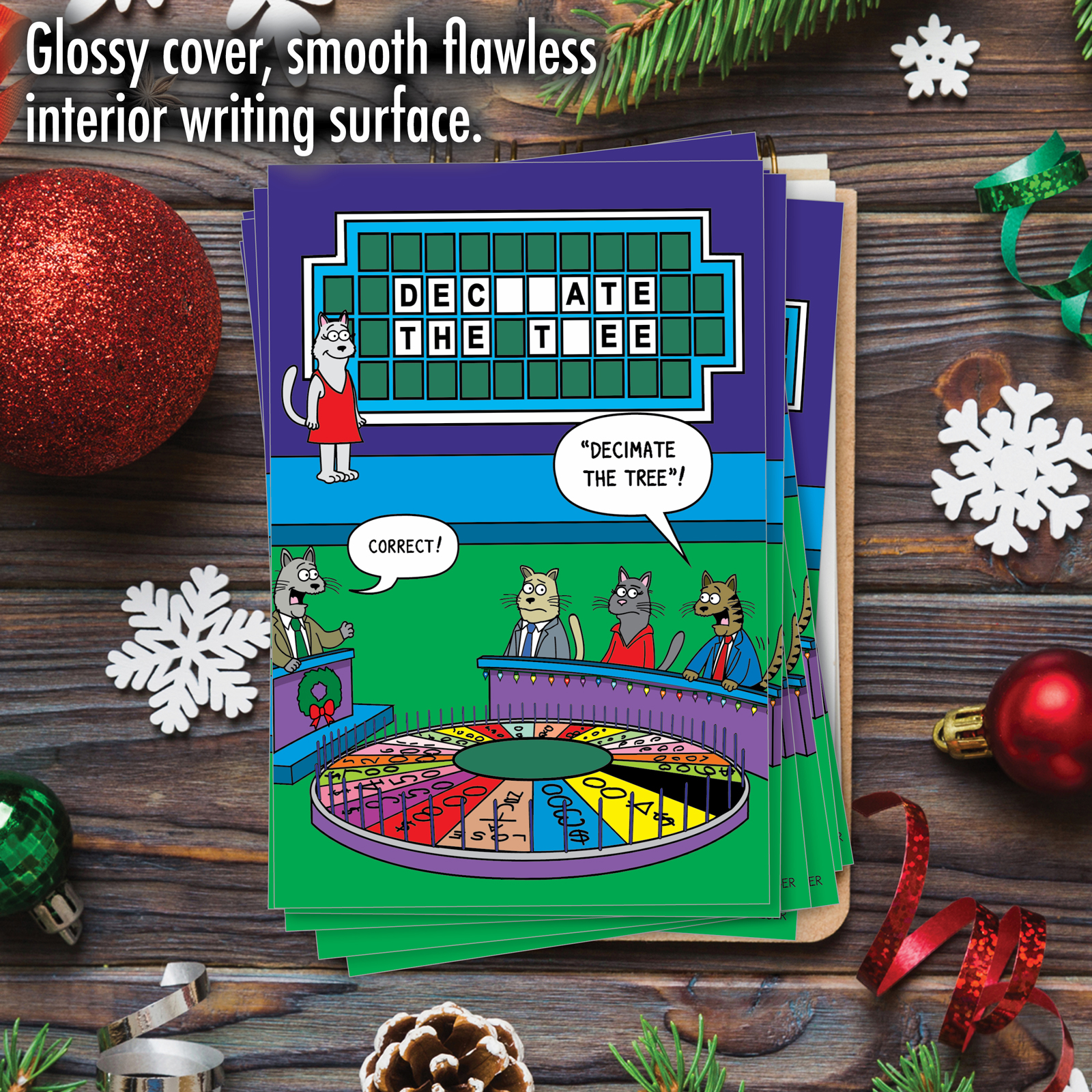 12 Funny Christmas Greeting Cards (1 Design, 12 Cards) - Cat Wheel of Fortune