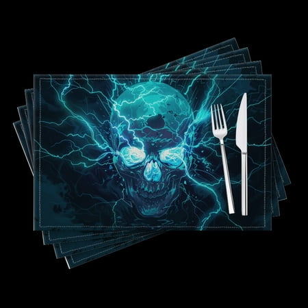 

BaHomeck placemats Set of 4 Skull With Glowing Blue Eyes Surrounded By Lightning Cotton Linen rectangle Placemats for Kitchen Dining Table Indoor Outdoor 18*12inch