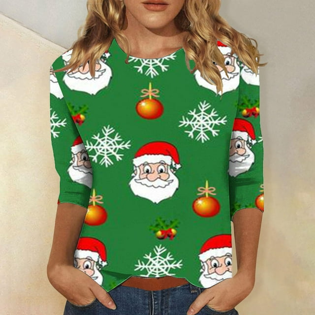 Offres de Liquidation! Aqestyerly Hauts de Noël à Manches Longues pour Femmes Blouse Décontractée à Manches 3/4 Col Rond Imprimé de Noël