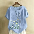 thumbnail image 2 of WREESH Womens Summer Cotton Linen Shirts Casual Round Neck Short Sleeve Flower Printing Loose Shirt Tops Light Blue, 2 of 5