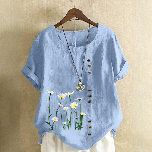 Birdeem Womens Summer Casual Round Neck Short Sleeve Flower Printing Loose Shirt Tops