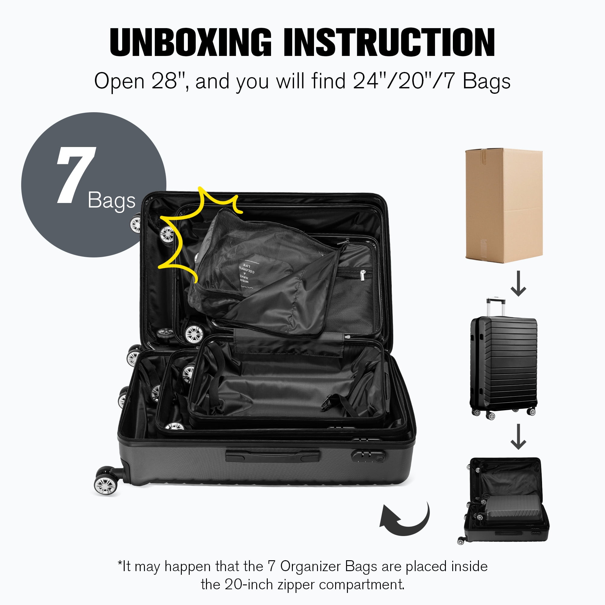 10 Piece Luggage Sets, 20 24 28 inch Lightweight Harside Suitcase with Spinner Wheels and 7PCS Packing Cubes(Black)