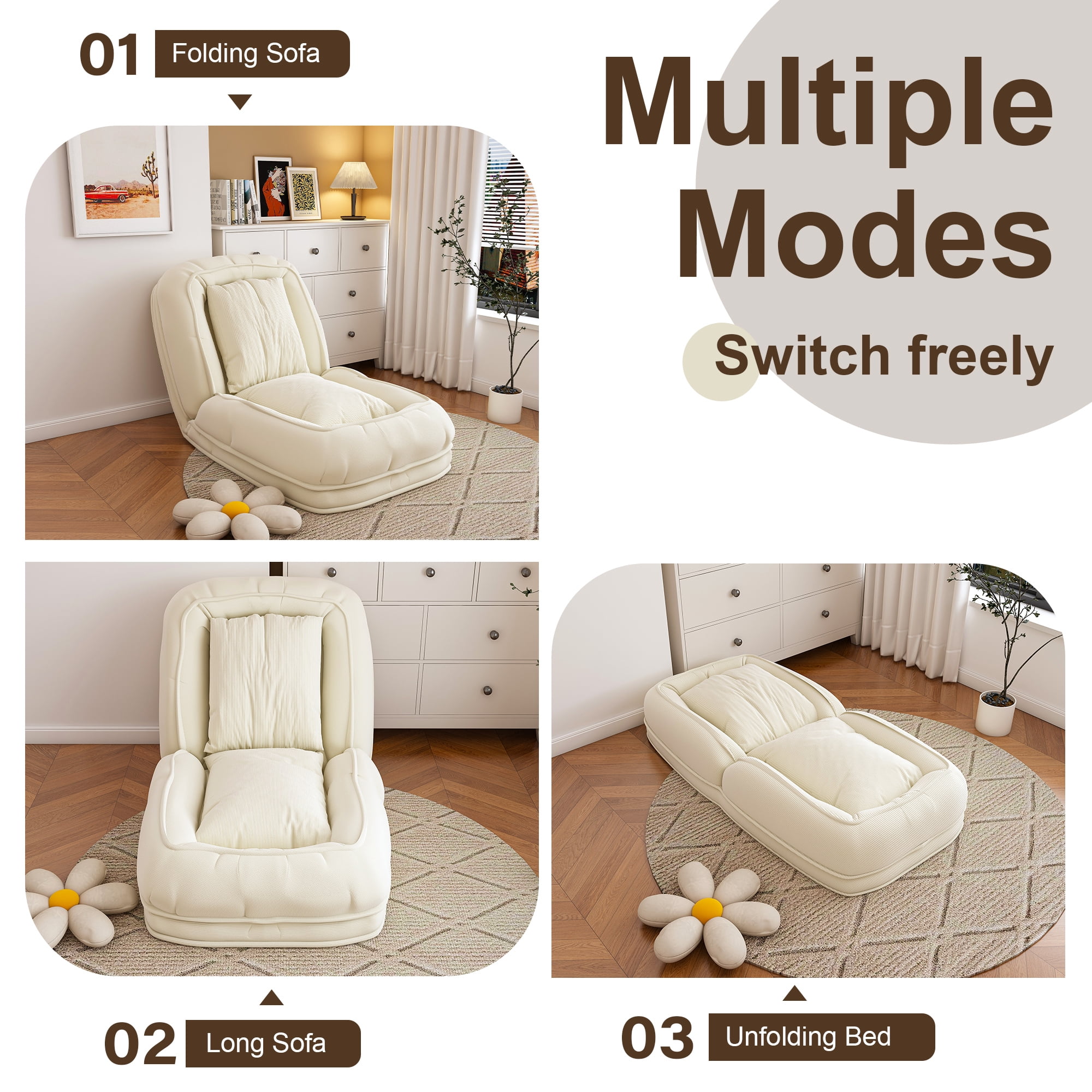 Jopath Foldable Lazy Sofa Bed with 2 Soft Pillows,Human Dog Bed with 5 Adjustable Position for Bedroom Living Room Reading Corner(Off White)