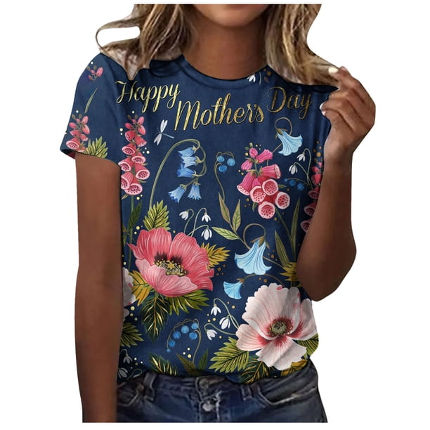 Camiseta informal para mujer, blusa estampada con cuello redondo y manga corta, Tops OAVQHLG3B Store lin121212