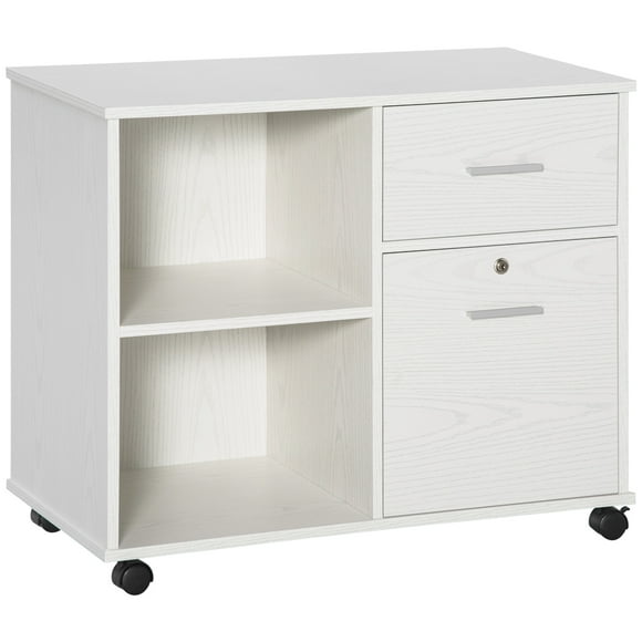 Vinsetto Lateral File Cabinet with Wheels, Mobile Printer Stand, Filing Cabinet with Open Shelves and Drawers for A4 Size Documents, White