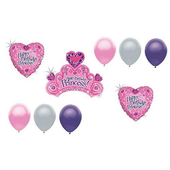 Princess Tiara Happy Birthday Shimmery Party 9 Piece Favors Decor Balloons Set