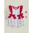 thumbnail image 3 of BemeyourBBs Newborn Baby Girl 4th of July Outfit Patriot Independent Day Clothes Summer Bubble Romper American Flag Bow Print Ruffled Trim Flying Sleeve Bodysuit Jumpsuit, 3 of 9
