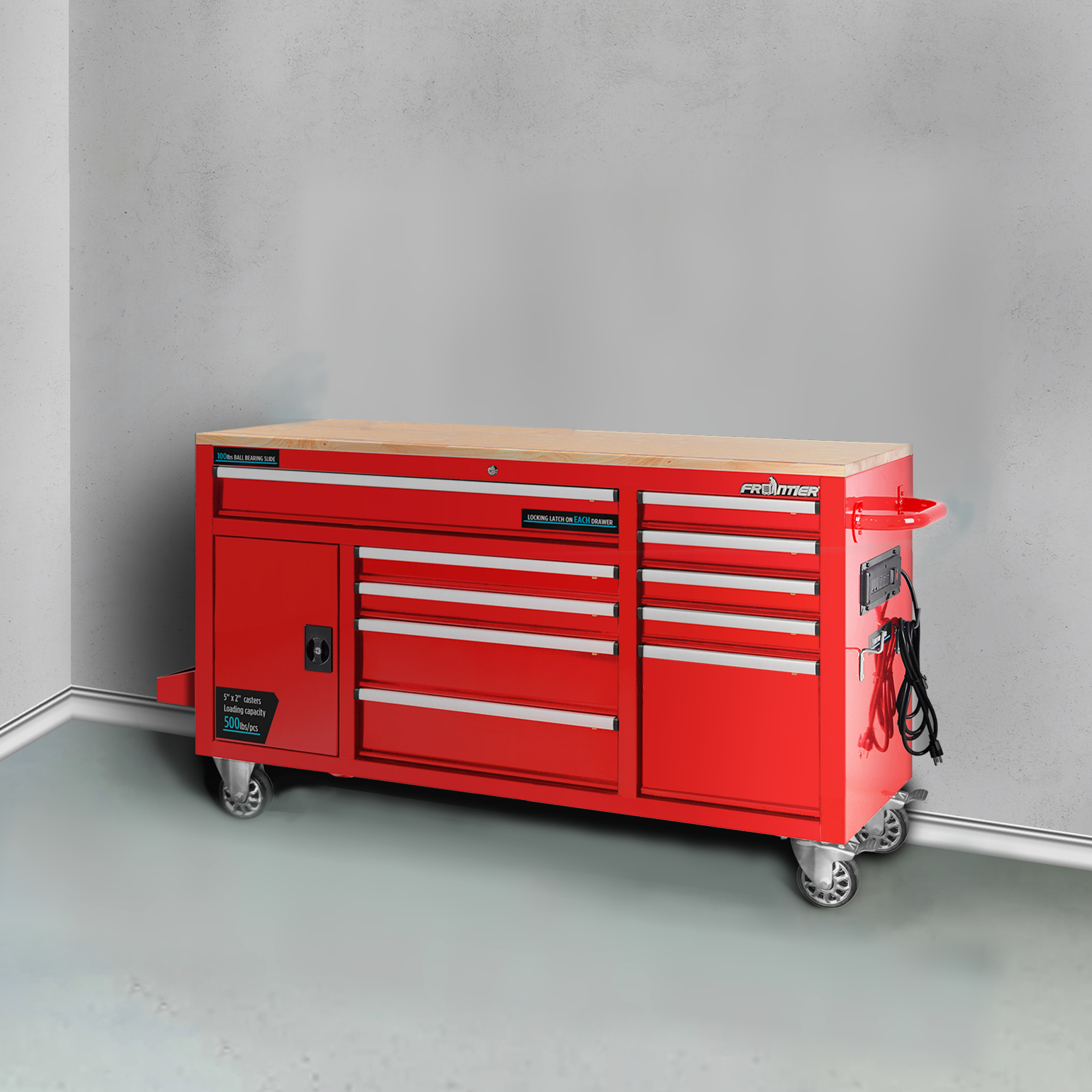 FRONTIER 62-inch W x 37-inch H x 22-inch D, Heavy Duty Mobile tool chest, tool cabinet with 10 drawers in Red - image 4 of 4