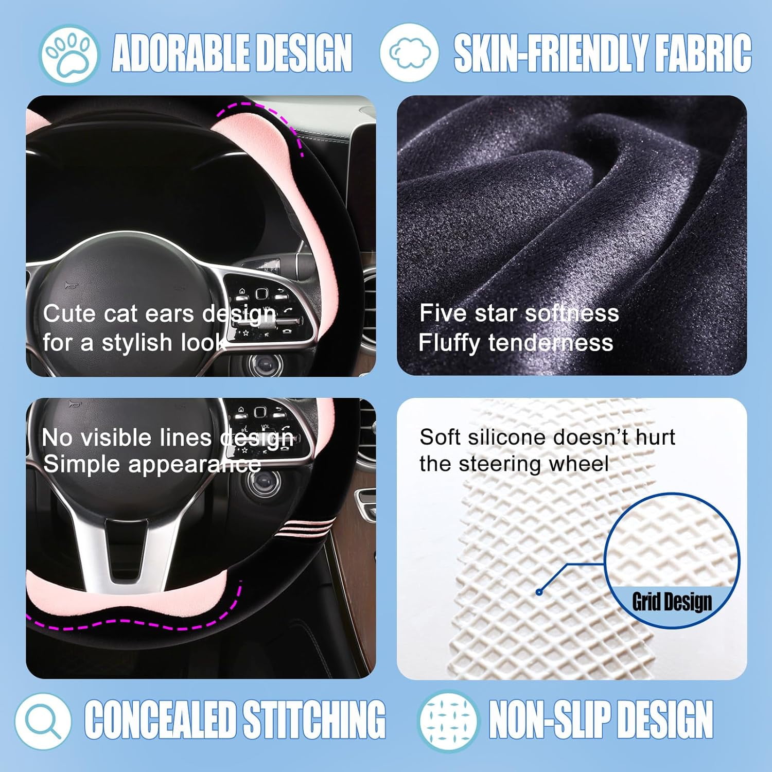 Furry Cute D Shaped Steering Wheel Cover, Soft Fluffy Short Plush Auto Accessories, Non-Slip Cold-Proof Sweat-Proof Colorfast, Universal 15 inch(Black with Pink)