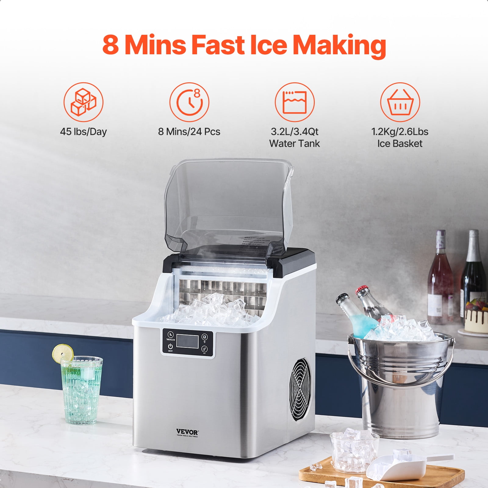 VEVOR Countertop Ice Maker, 24 Cubes Ready in 15 Mins, 45lbs in 24Hrs, Self-Cleaning Portable Ice Maker with Ice Scoop and Basket, Ice Machine with 3 Sizes Ice Cube for Home Kitchen Office Party