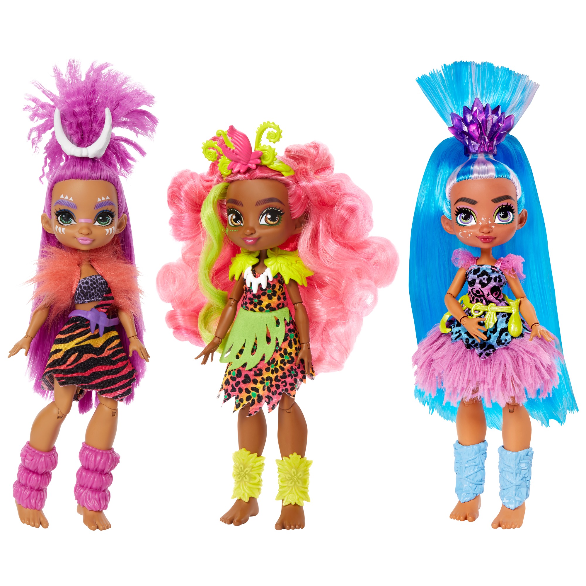Cave Club Doll 3-Pack, 10-inch Poseable Prehistoric Fashion Dolls with Neon Hair