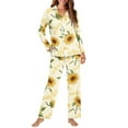 thumbnail image 4 of DISNIMO Sunflower Printed Women's 2 Piece Pajama Set Comfy Button Down Sleepwear Long Sleeve Top Wide Leg Pants Loose Fit Loungewear with Pockets, XS, 4 of 7