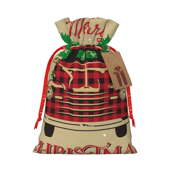 Naloa Christmas Vintage Red Truck Drawstring Christmas Bags, 3D Xmas Gift Bags, Christmas Wrapping Bags, Xmas Goodie Bags, Treat Pouch Bags, Party Favor Bags-Small