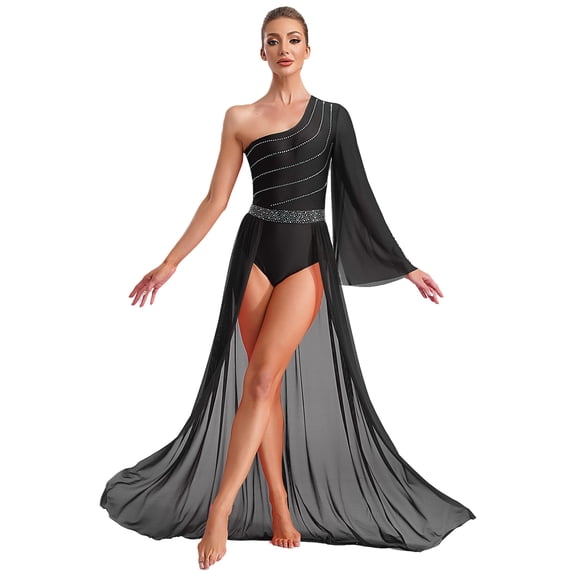 TSSOE Women Shiny Lyrical Dance Dress One Shoulder Flared Sleeve Flowy Split Dress Modern Dancewear Black L