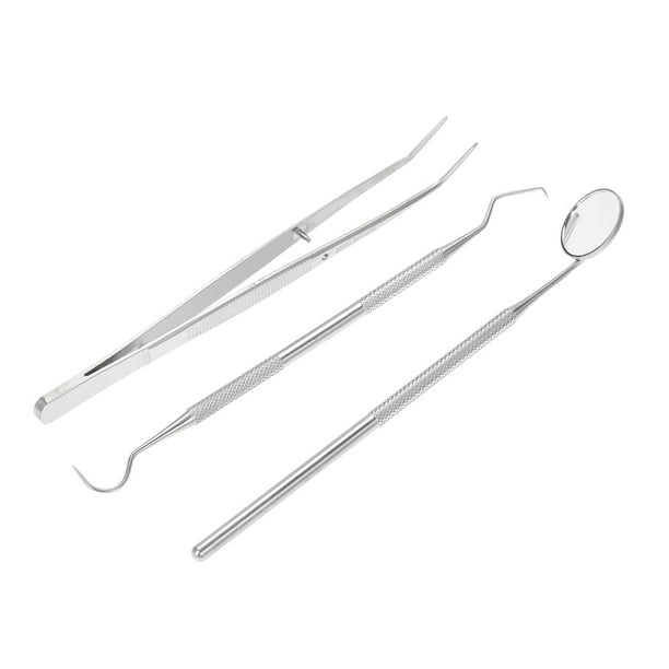 Juego de herramientas dentales de acero inoxidable para cuidado bucal en casa, incluye espejo, explorador y pinzas. Diseño profesional y cómodo para uso prolongado. Ideal para limpieza y revisión