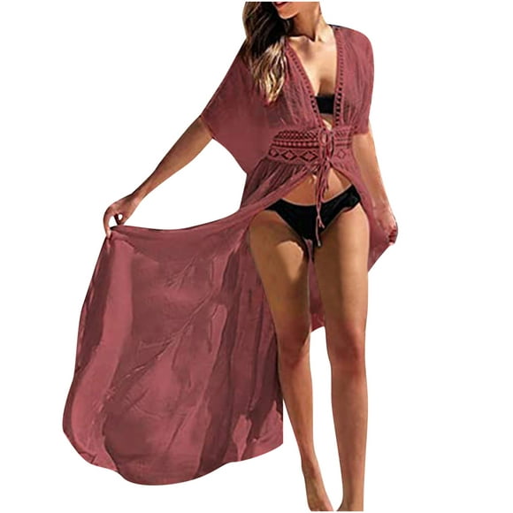PEZHADA Swimsuit Couverture pour les Femmes, la Mode Féminine Décontractée Printemps et Été Creux Plage Longue Couverture de Style vers le Haut Rouge XXL