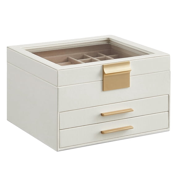 SONGMICS Jewelry Box with Glass Lid, 3-Layer Jewelry Organizer JBC239WT - WHITE
