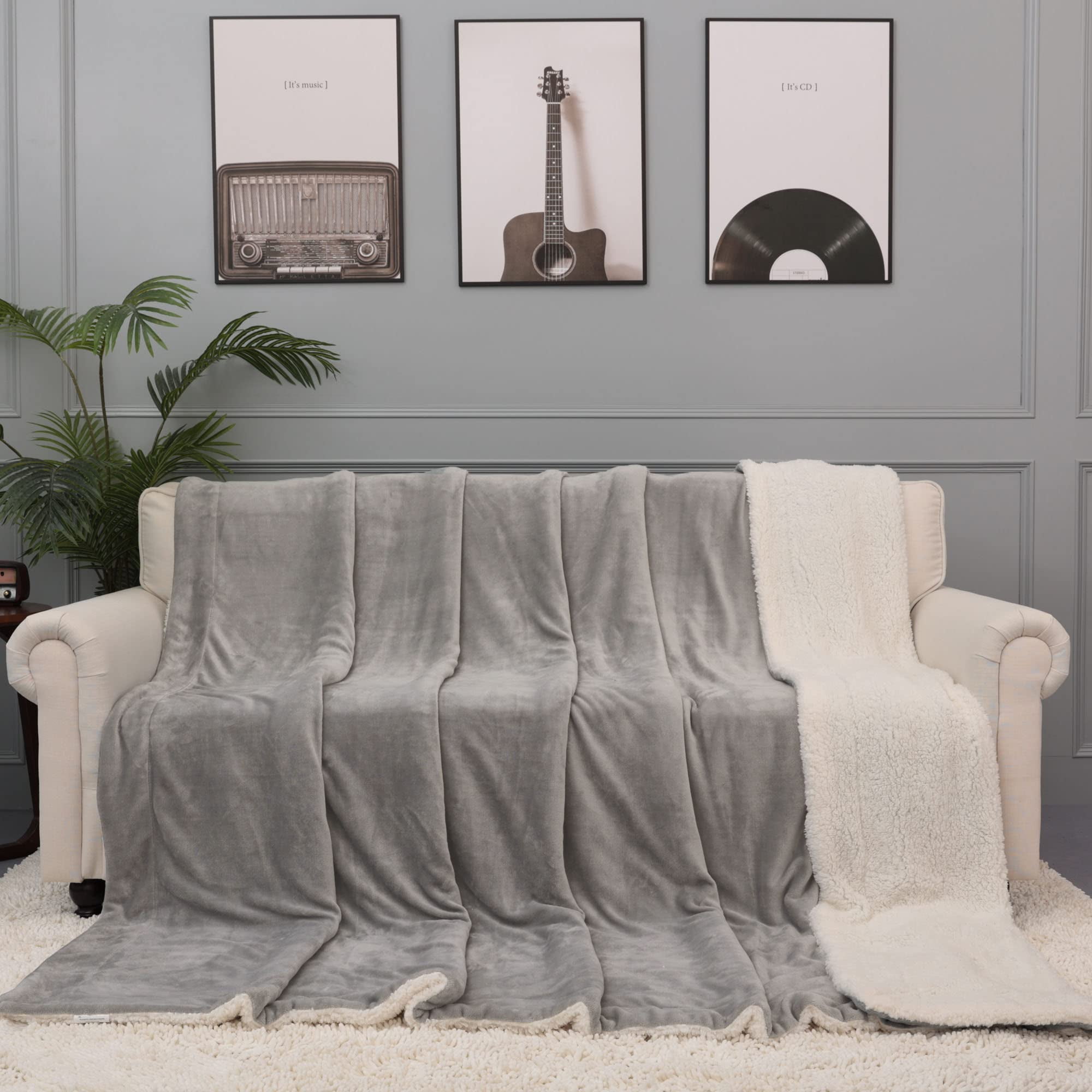 MOSHU Double Sided Sherpa Flannel Light Grey Bed Blanket, Reversible, Soft, Fluffy