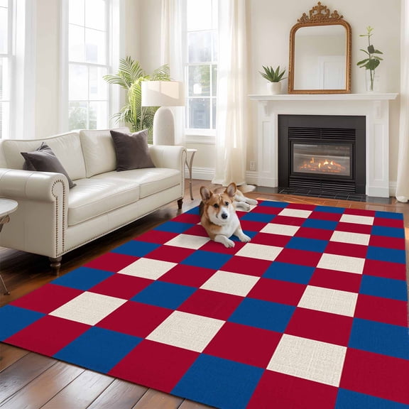 6'x9' Area Rugs, 4th of July Red Blue Plaid Indoor Outdoor Area Rug for Living Room Bedroom, Independence Day Checkered Washable Bathroom Rugs Kitchen Floor Carpet Mats Home Decor Aesthetic