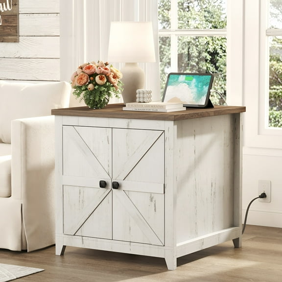 Lifewit Farmhouse End Table with Charging Station and USB Ports, 24" Large Tabletop Side Table with Double Barn Doors, Wood Square Nightstand for Living Room, Office, Bedroom, Rustic White