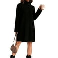 thumbnail image 2 of Women's Sweater Dress Knit Dress High Neck Long Sleeve Ribbed Loose Fit Warm Comfortable Winter Dress for Casual Loungewear,Black,L, 2 of 7