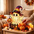 thumbnail image 3 of MYUNNIL Halloween Witch Ghost Night Light Stain Glass Wizard Hat USB Powered LED Lamp, Pumpkin Lantern 11.81 Inch, 3 of 8