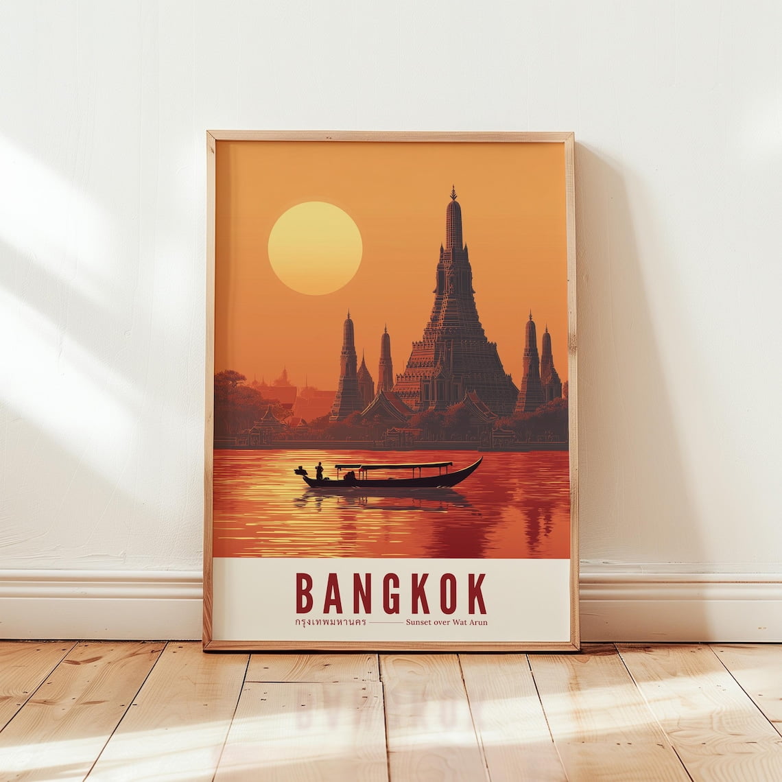 Bangkok Sunset Print Wat Arun Thailand Travel Poster, Poster Only
