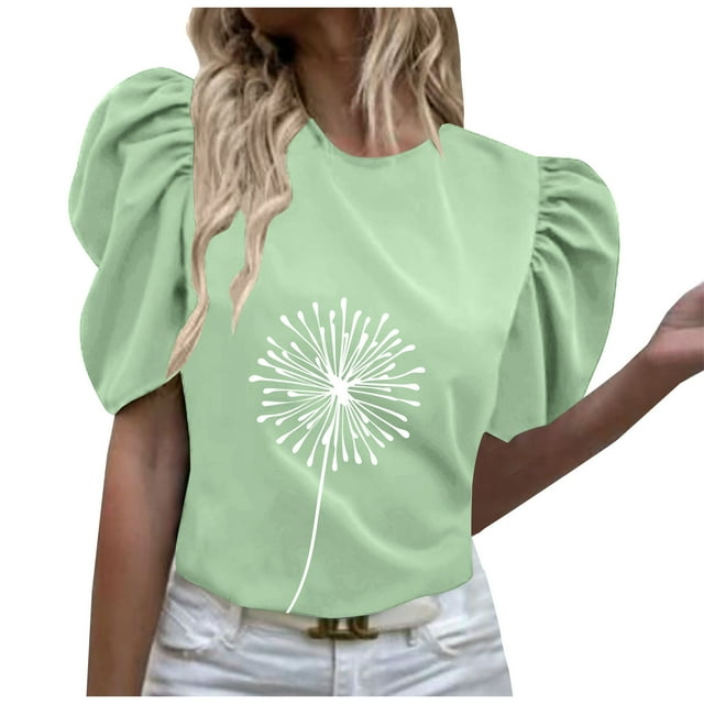 Hauts d'Été pour Femmes Col Rond Imprimé Floral Manches Courtes Bouffantes Blouse Habillée Décontractée Confortable pour Sortir