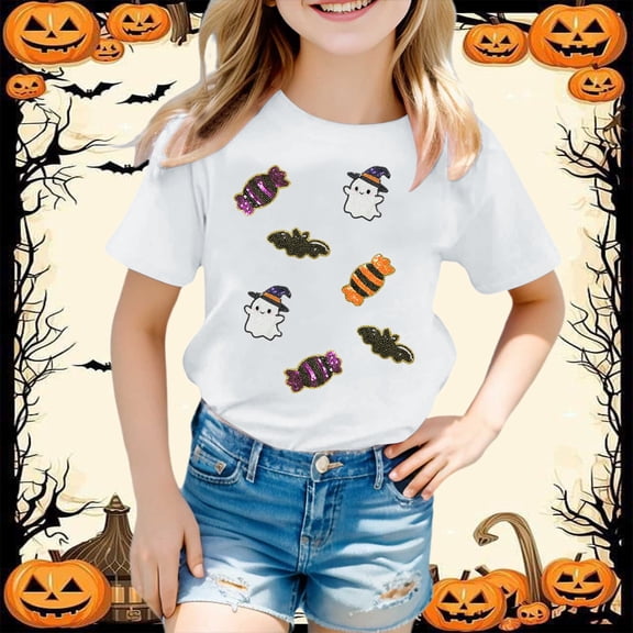 Girls Short Sleeve Shirts Halloween Sequin Pumpkin Printed T-Shirts Fall Halloween Outfits (White 12-13 Years)
