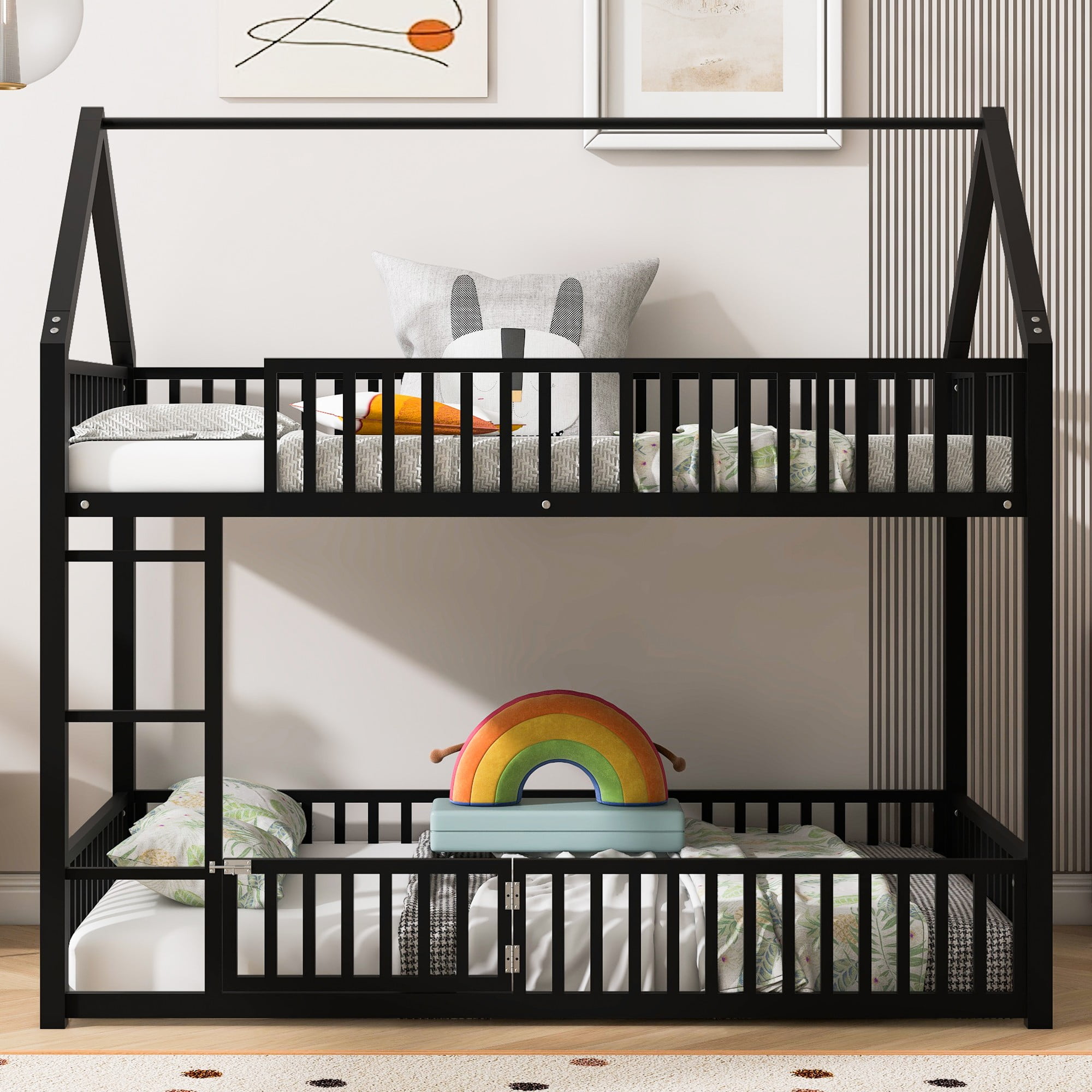 Aukfa Twin-over-Twin Bunk Bed with Fence and Door, Metal House Bed Frame for Kids Toddy, Black