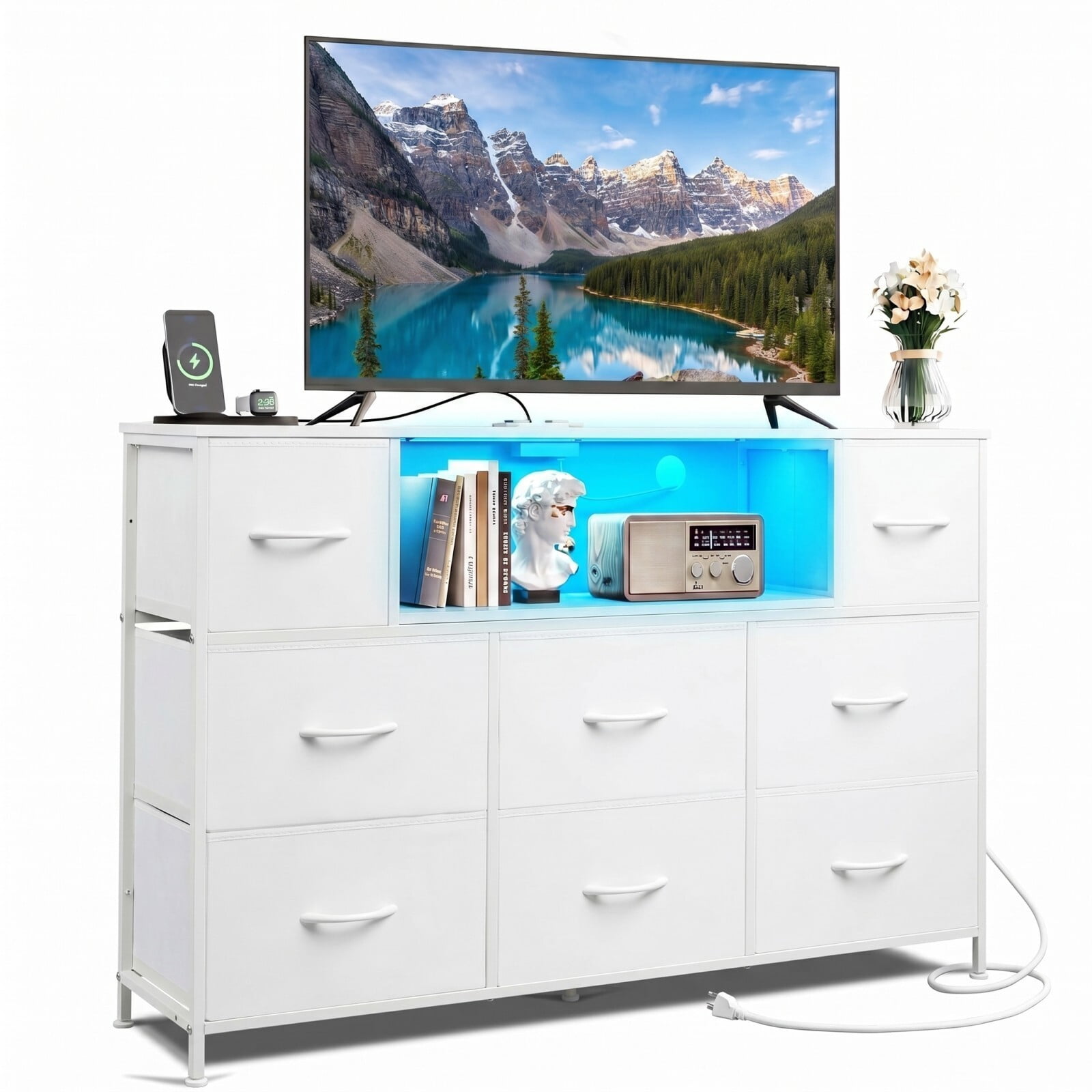 BEAUTYPEAK TV Stand Dresser with 8 Fabric Drawers LED Light Open Shelf AC & USB-C Charging Station, White