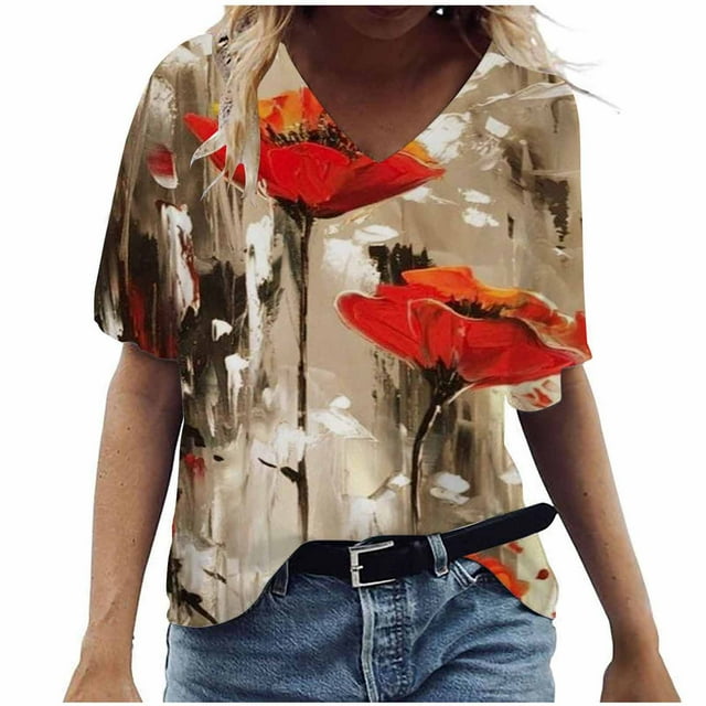 Birdeem T-Shirt Mode Décontracté Grande Taille Imprimé Fleurs Col en V pour Femmes