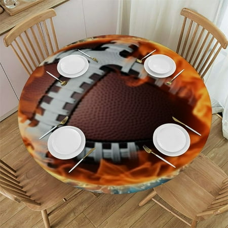 

Fire Ice Football Round Fitted Tablecloth Fire Water Sport Ball Elastic Tablecloth for Round Tables