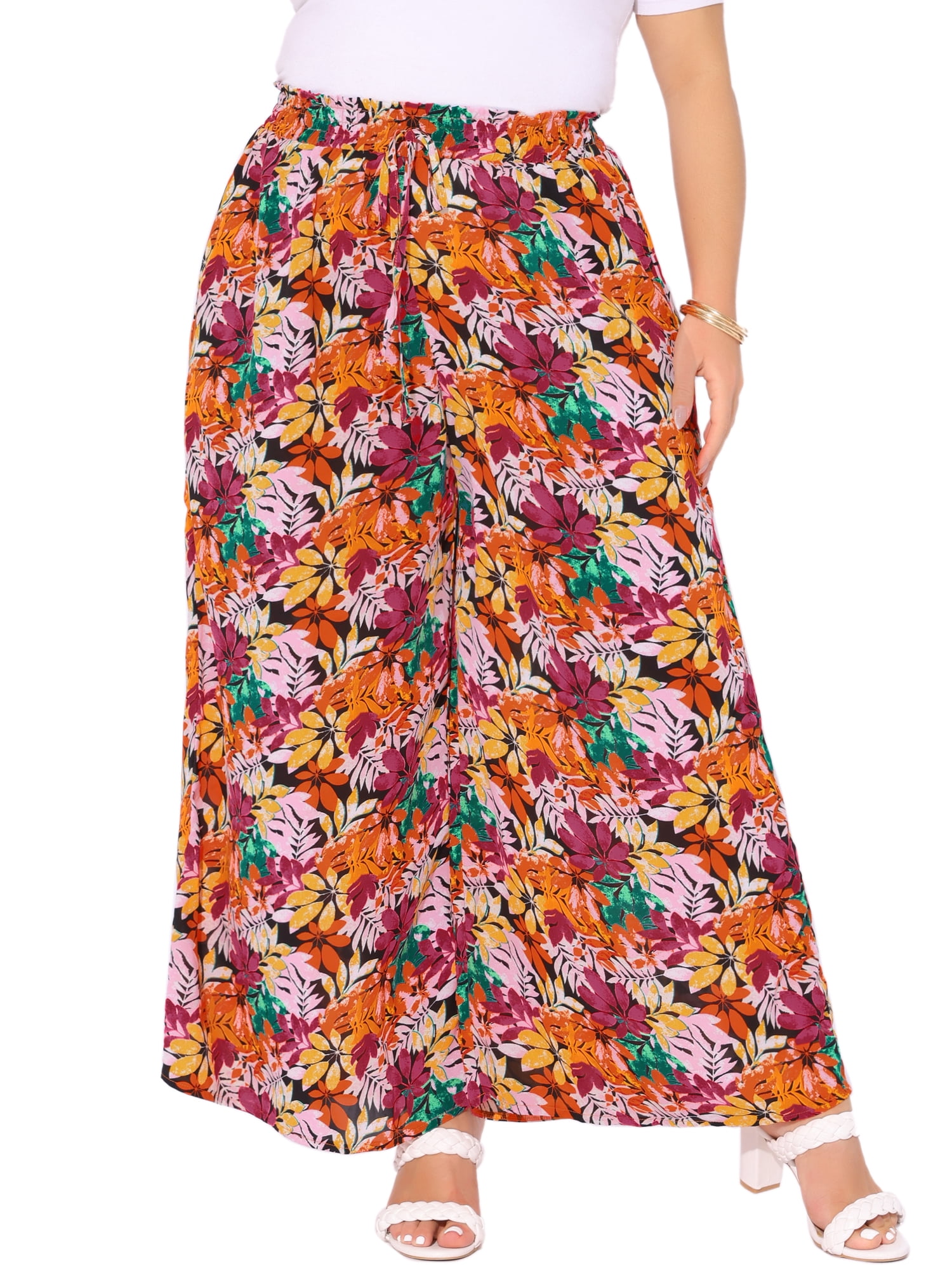 DARING DIVA Women's Plus Boho Floral Palazzo Trousers Pants 1X Black Red
